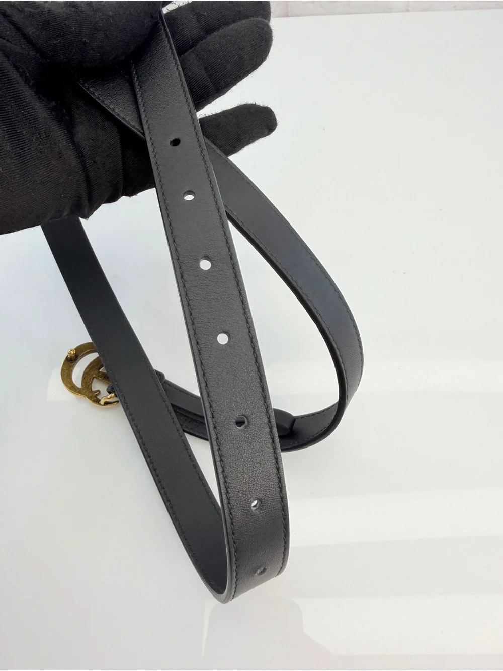 Gucci Gg Marmont Slim Black Leather Double G Belt Gold Buckle 409417 85/34